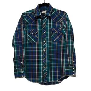 Wrangler Plaid X-Long Tails Cowboy Western Top Pearl Snap Shirt‎ Mens 16X35